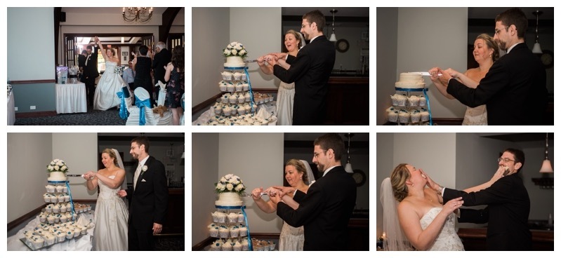 Cake cutting at a wedding reception.